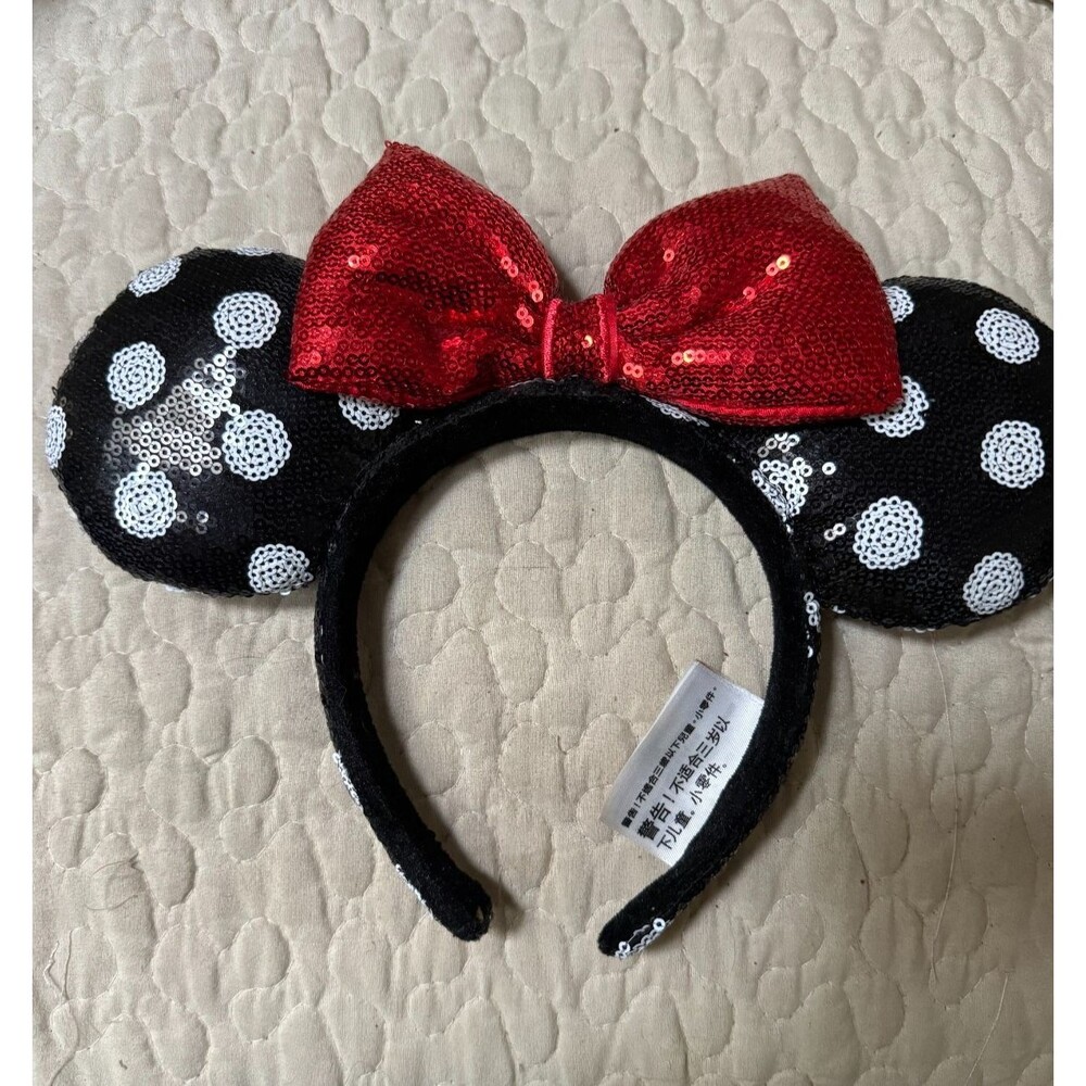 Disney Parks Minnie Mouse Black White Polka Dot Sequin Ears Headband Red Bow